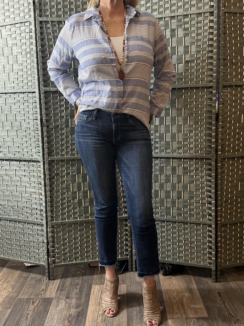 Lili'S Closet Striped Light Blue Button-Down Shirt - Women's Casual Relaxed Fit